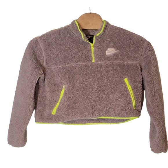 Nike Sherpa Cropped Quarter Zip Fleece Jacket Size Large Women's Gray Green - Picture 2 of 5